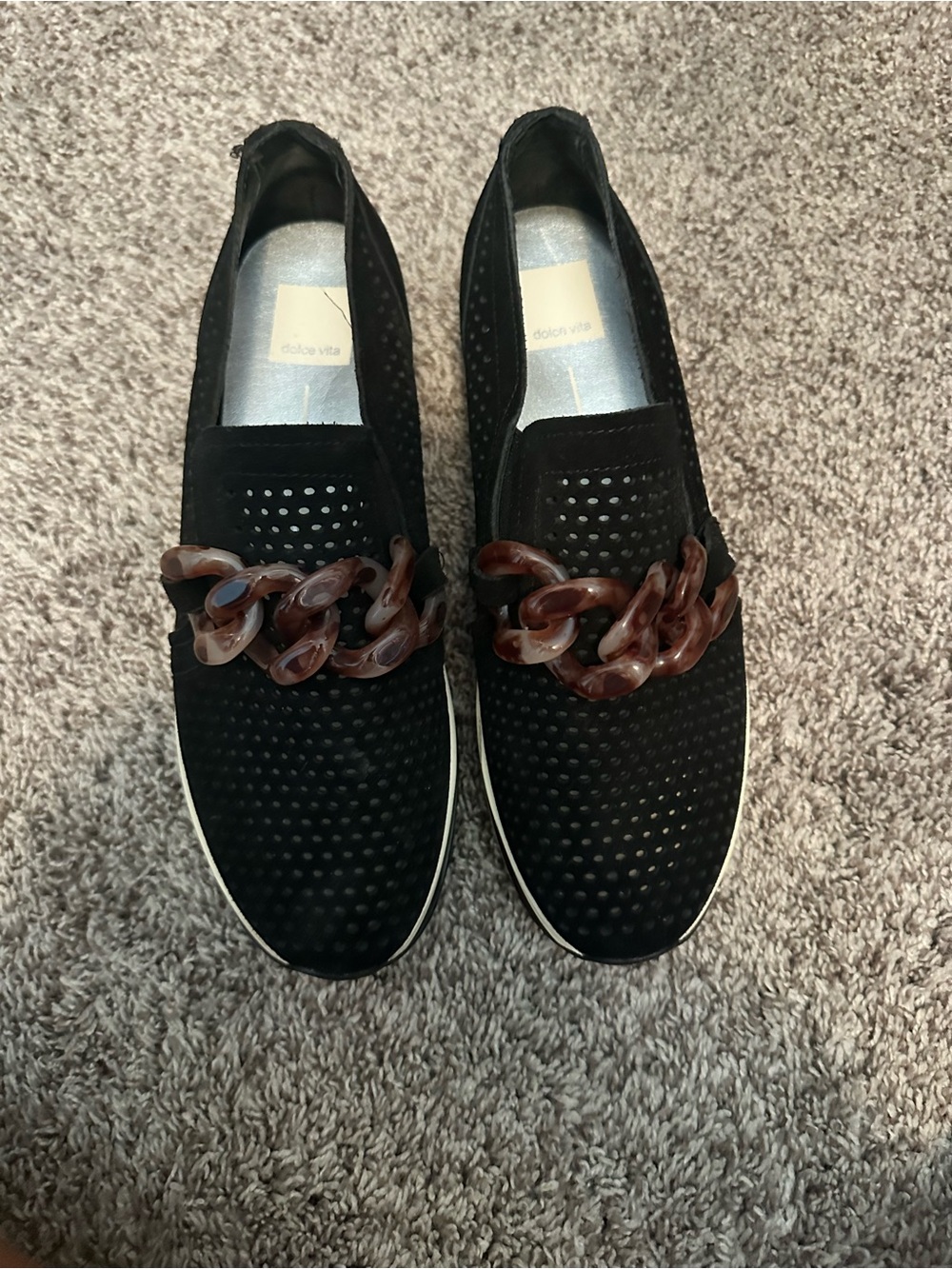 Dolce Vita Black Slip-On Loafers with Brown Tortoiseshell Chain